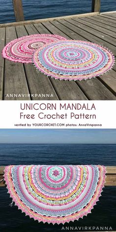 two circular rugs sitting on top of a wooden dock next to the ocean with text overlay that says, ` ` unicorn mandala free crochet pattern '