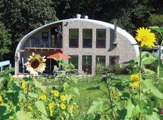 a sunflower is blooming in front of a house with an oval shaped roof