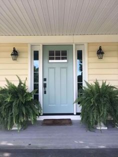 a blue front door with two planters on either side and one light green door