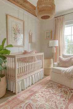 50 Aesthetic Baby Girl Nursery Designs That Exude Warmth Farmhouse Nursery Pink, Pink White And Sage Nursery, Girly Pink Nursery, Girl Crib Ideas, Nursery Ideas Girl Neutral, Pastel Girl Nursery, Subtle Pink Nursery, Baby Girl Nursery Flowers, Coquette Toddler Room