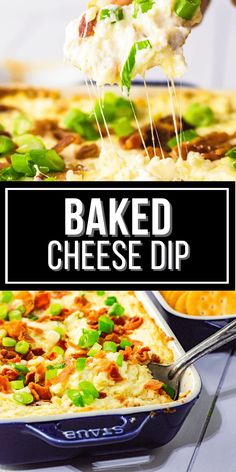 baked cheese dip in a casserole dish with green onions and bacon on top