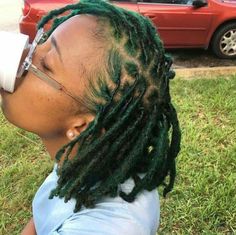 Black And Blonde Skunk Stripe Locs, Emerald Green Locs Black Women, Dark Green Locs Black Women, Green And Blonde Locs, Locs With Dyed Tips, Green And Black Locs, Dark Green Locs, Green Locs Black Women, Green Locs