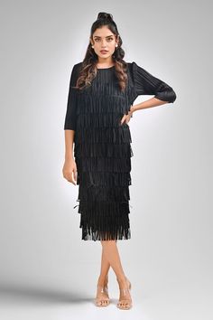 Black fitted dress in a textured base with layered fringed detailing. - Aza Fashions Elegant Mini Dress With Tassels For Evening, Fitted Midi Dress With Tassels For Evening, Fitted Evening Midi Dress With Tassels, Formal Fitted Dress With Tassels, Evening Midi Dress With Tassels, Elegant Fitted Midi Dress With Tassels, Elegant Midi Dress With Tassels For Night Out, Elegant Fringed Midi Party Dress, Elegant Tasseled Midi Dress For Night Out