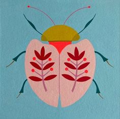 a card with an image of a bug on it's back and two leaves in the middle