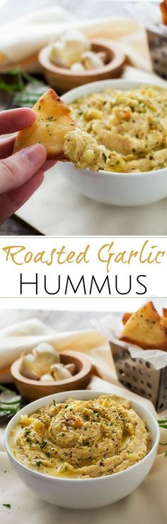 roasted garlic hummus in a white bowl