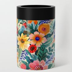 an image of a vase with flowers painted on the front and back side, in multi - colored colors