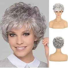 Category:Synthetic Wig; Gender:Women's; Wig Type:Natural Wigs; Color Shade:Gray; Hair Material:Synthetic Hair; Cap Construction:Machine Made; Texture:Curly; Length:Short; Heat Resistant:Yes; Listing Date:07/08/2021; Hairstyle:With Bangs; Can Be Permed:No Gray Wigs, Layered Pixie Cut, Short Curly Pixie, Pixie Cut With Bangs, Curly Pixie Cuts, Short Grey Hair, Short Curly Wigs, Natural Wigs, Pixie Cut Wig