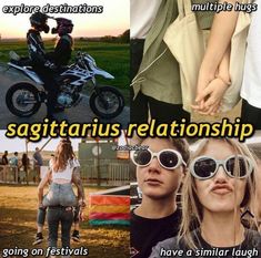 two people standing next to each other and one person on a motorcycle with the caption saying, sagitratusreltationship going on festivals have a similar laugh