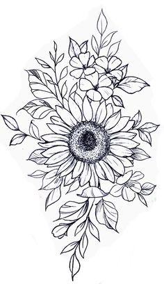 a black and white drawing of a sunflower