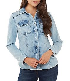 Peter Nygard Frayed Denim Button-Down Shirt Medium Wash Long Sleeve Top With Button Closure, Dark Wash Collared Top For Fall, Spring Denim Blue Blouse With Pockets, Medium Wash Long Sleeve Denim Top, Long Sleeve Medium Wash Denim Top, Medium Wash Fitted Top For Fall, Fitted Medium Wash Top For Fall, Trendy Long Sleeve Washed Blue Denim Top, Trendy Light Wash Blouse With Pockets