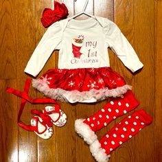 Brand New Without Tags The Perfect Baby’s First Christmas Set! Size Small (0-6 Months) Comes With Long Sleeve Body Suit Super Cute Ruffle Leggings Matching Baby Slippers And Bow!! Perfect Set! My 1st Christmas, Long Sleeve Body Suit, Disney Baby Clothes, Ruffle Leggings, Polka Dot Leggings, Winter Outfits For Girls, Red Stockings, Matching Sweaters, Matching Baby