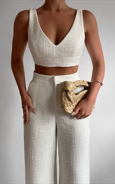 Adelaide Two Piece Wide Leg Set in White | Showpo Pants And Top Outfit Classy, Linen Clothes For Women Classy, Bridesmaid Clothes, Top And Wide Leg Pants, Lounge Style, Elle Woods, Blazer Women, Elegante Casual, Tweed Fabric