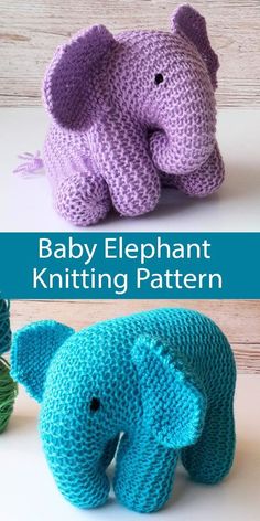 two knitted elephants sitting next to each other with the words baby elephant knitting pattern