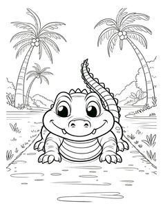 a cartoon alligator sitting on the ground with palm trees in the background, coloring book page