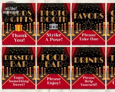 four red and gold food bar signs with the words, thank you strike a pose take one