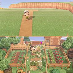 the garden in animal crossing is full of plants and vegetables, while another shows an image of