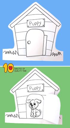 two pictures with the same doghouse and puppy in it, one is cut out from paper