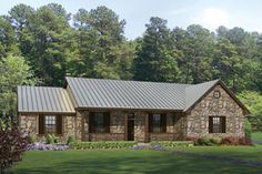 this is an artist's rendering of a stone ranch house with a metal roof