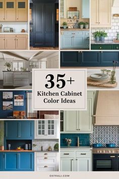 the kitchen cabinets are painted in blue and white with text overlay that reads 35 + kitchen cabinet color ideas