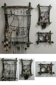 four different pictures of various items hanging on the wall and one is made out of branches