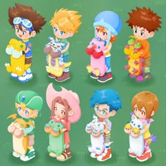 several cartoon characters are standing together in different poses and holding their hands out to each other