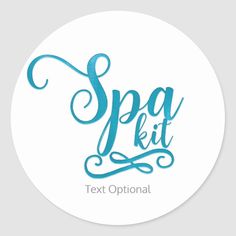 the spa kit sticker is shown on a white round surface with blue lettering and swirls