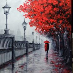 a painting of a person with an umbrella walking down the street on a rainy day