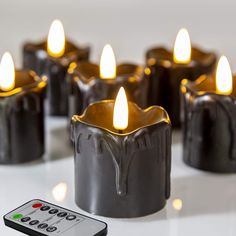 Eywamage Black Dripping Wax Flameless Votive Candles with Remote, Flickering Battery Operated LED Gothic Candles Φ 2" H 2" Halloween Wine Bags, Patterned Rolling Pin, Gift Ideas For Adults, Spooky Halloween Gifts, Halloween Gift Ideas, Gothic Candles, Fake Candles, Battery Operated Tea Lights, Anna Marie