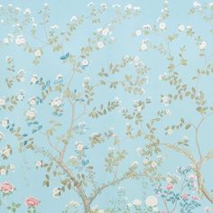 a blue wallpaper with flowers and birds on it