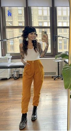 Punk Brunch Outfit, Fall Outfit Graphic Tee, Alt Soft Outfits, Boho Pants Outfit Fall, Bustier And Jeans Outfit, Alternative Female Fashion, Overalls Doc Martens Outfit, Wide Leg Pants Outfit Office, Fall Trousers Outfit Casual