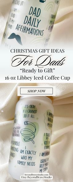 This dad daily affirmation glass can makes the perfect iced coffee cup to enjoy daily. This would make a great gift as a iced coffee glass can tumbler, affirmation glass cup, dad affirmation Libby glass can cup, glass can with lid and straw, coffee cup for dad, coffee cup for husband, unique gift for dad, fathers day gift, father appreciation gift, husband appreciation gift, mental health glass can for men, men's unique gift, and more. Can Tumbler, Unique Gifts For Dad