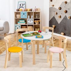 a child's table and chairs in a room with white carpeted flooring