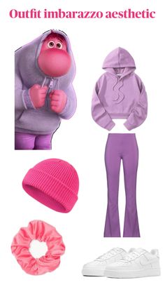 the sesame character is wearing purple and pink clothing, including a beanie hat, sweatpants