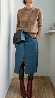 29 Stylish Outfits 2025 Trends: Fall, Winter & Summer Ideas Fall Winter Outfits 2025 Trends, Sweater Tucked Into Skirt, Denim Skirt With Sweater, Winter Denim Skirt Outfit, Taupe Sweater Outfit, Denim Skirt Winter Outfit, Fall Denim Skirt Outfits, Denim Skirt Winter, Denim Skirt Outfit Winter