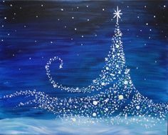 an acrylic painting of a christmas tree in the snow with stars on it