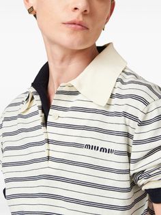 Miu Miu Striped Knitted Cotton Polo Shirt | Neutrals | FARFETCH Bohemian Wedding Guest, Yoko London, City Dress, Cotton Polo Shirt, Summer Beach Wear, Cotton Polo, Ski Wear, Knit Cotton, Jacket Tops