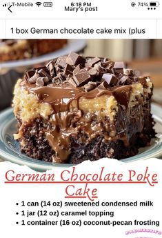 the german chocolate poke cake is ready to be eaten for breakfast or dessert, and it's delicious