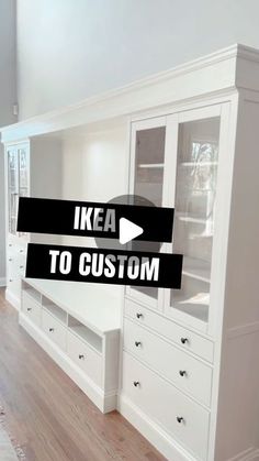 a kitchen with white cabinets and black lettering that says kea to custom on it