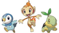 three different pokemon characters are depicted in this cartoon character drawing style, one is holding a branch and the other has a bird on it's back end