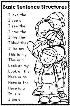 a black and white coloring book page with the words basic sentence structures on it, including two