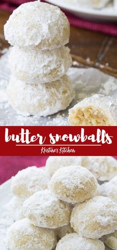 a pile of powdered sugar snowballs sitting on top of a white plate