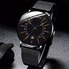 With A Slim Case Of Only 7mm, Fits Beautifully Under Men’s Long-Sleeve Dress Shirts 40mm Diameter Is The Perfect Size Color: Black And Coppery Orange Refined And Long-Lasting Materials - Built To Last With Its Alloy Frame, Quartz Movement, Stainless Steel Mesh Band, And Glass Bezel With Its Classic Style And Refined Finishes, The Geneva Calendar Watch Is Unequaled In Its Precision, Bringing Together Beautiful Form And Excellent Function. This Is An Elegant Watch Designed For Sophistication Black Analog Watch For Office, Black Analog Watches For Office, Cheap Watches For Men, Elegant Watch, Silver Watches Women, Orange City, Cheap Watches, Stainless Steel Mesh, Name Jewelry