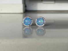 Stud Earrings Sterling Silver Blue Opal and Crystal Halo | Etsy Blue Opal Gemstone Earrings, Formal Opal Round Earrings, Formal Round Opal Earrings, Rose Gold Earrings Studs, Types Of Earrings, Rose Gold Studs, Sterling Silver Studs, Sterling Silver Earrings Studs, Opal Gemstone