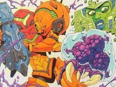 a drawing of an orange robot holding a bunch of grapes