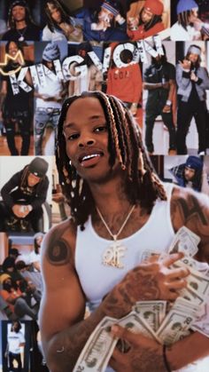 a man with dreadlocks holding money in front of a collage of photos