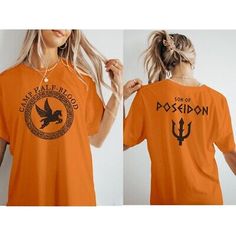 two pictures of a woman wearing an orange shirt with the words passion printed on it