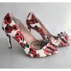 Betsey Johnson Red/White Floral Print Heels Size 5.5 - 3 5" Heel- New With Tags White Floral Print Closed Toe Heels, White Heels With Red Sole For Spring, White Ankle Strap Heels With Floral Print, White Floral Print Party Heels, Spring Court Shoes With Red Sole And High Heel, Spring Court Shoes With Red Sole High Heel, Red Floral Print Heels With Round Toe, White Heels With Red Sole, Chic White Heels With Floral Print