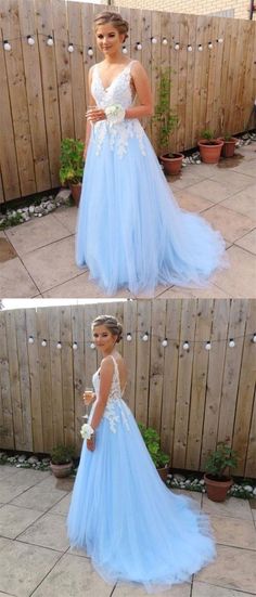 Elegant V-Neck Appliques Prom Dresses,Long Prom Dresses,Cheap Prom Dresses, Evening Dress Prom Gowns, Formal Women Dress,Prom Dress Blue Lace Prom Dress, Sky Blue Prom Dress, Official Dresses, Prom Dress Trends, Trendy Prom Dresses, Blue Prom Dress, Blue Bridesmaid Dress, Tulle Evening Dress