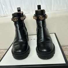 Almost Brand New Gucci Boots, Only Worn A Few Times Gucci Ankle Boots For Party, Gucci Luxury Ankle Boots, Gucci Luxury Round Toe Boots, Gucci Luxury Boots With Round Toe, Gucci Designer Ankle Boots, Gucci Designer Leather Boots, Designer Gucci Ankle Boots, Luxury Gucci Boots With Round Toe, Designer Gucci Leather Boots