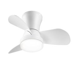 a white ceiling fan with a light on the top and blades in front of it